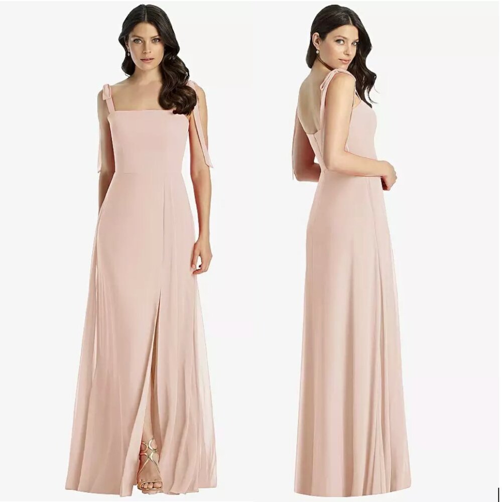Dessy Collection Tie-Shoulder Chiffon Maxi Dress Front Slit Cameo 12 New AS IS
